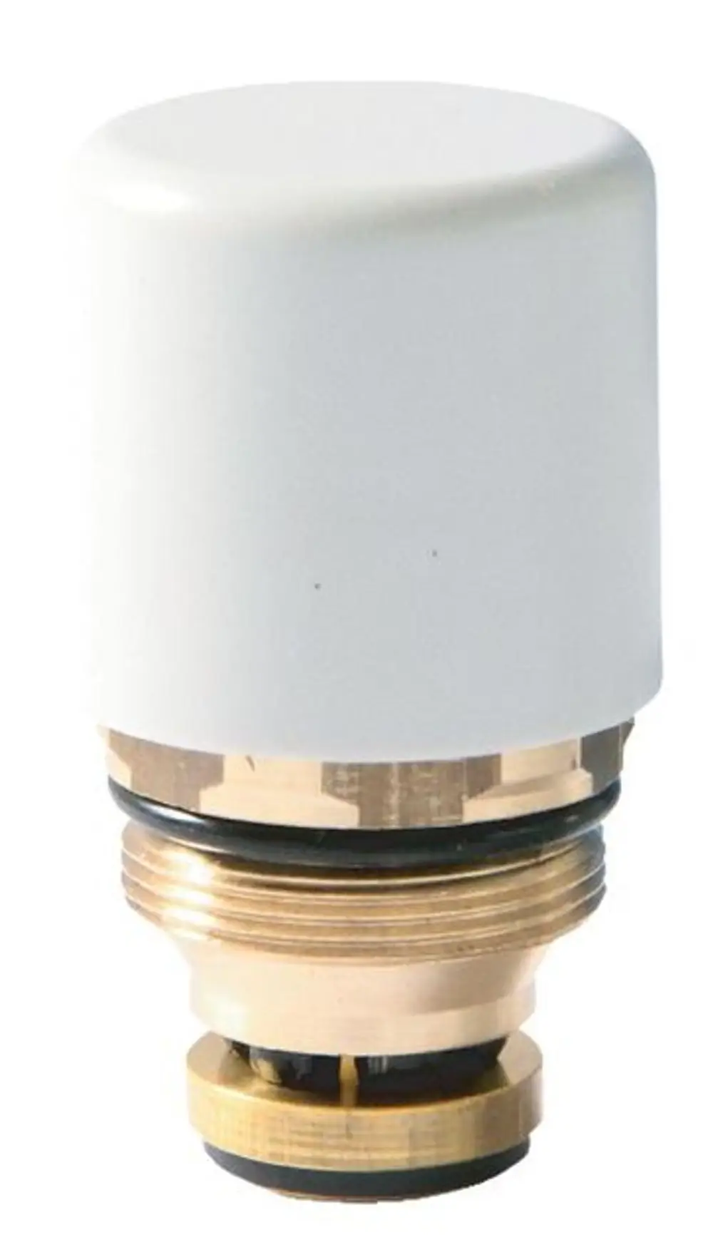 Weißer, zylindrischer Verschluss mit einer Metallbasis und O-Ring, wahrscheinlich Teil einer Absperrvorrichtung von Syr zur Regelung von Flüssigkeitsströmen.